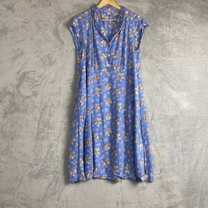 April Cornell Blue Floral Rayon Midi Tea Dress Cap Sleeve Pockets Womens M